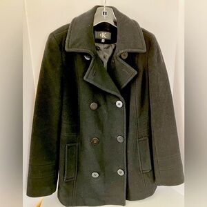 Women’s Pea Coat, Double Breasted, S, Black, Lined, Wool Blend, Calvin Klein